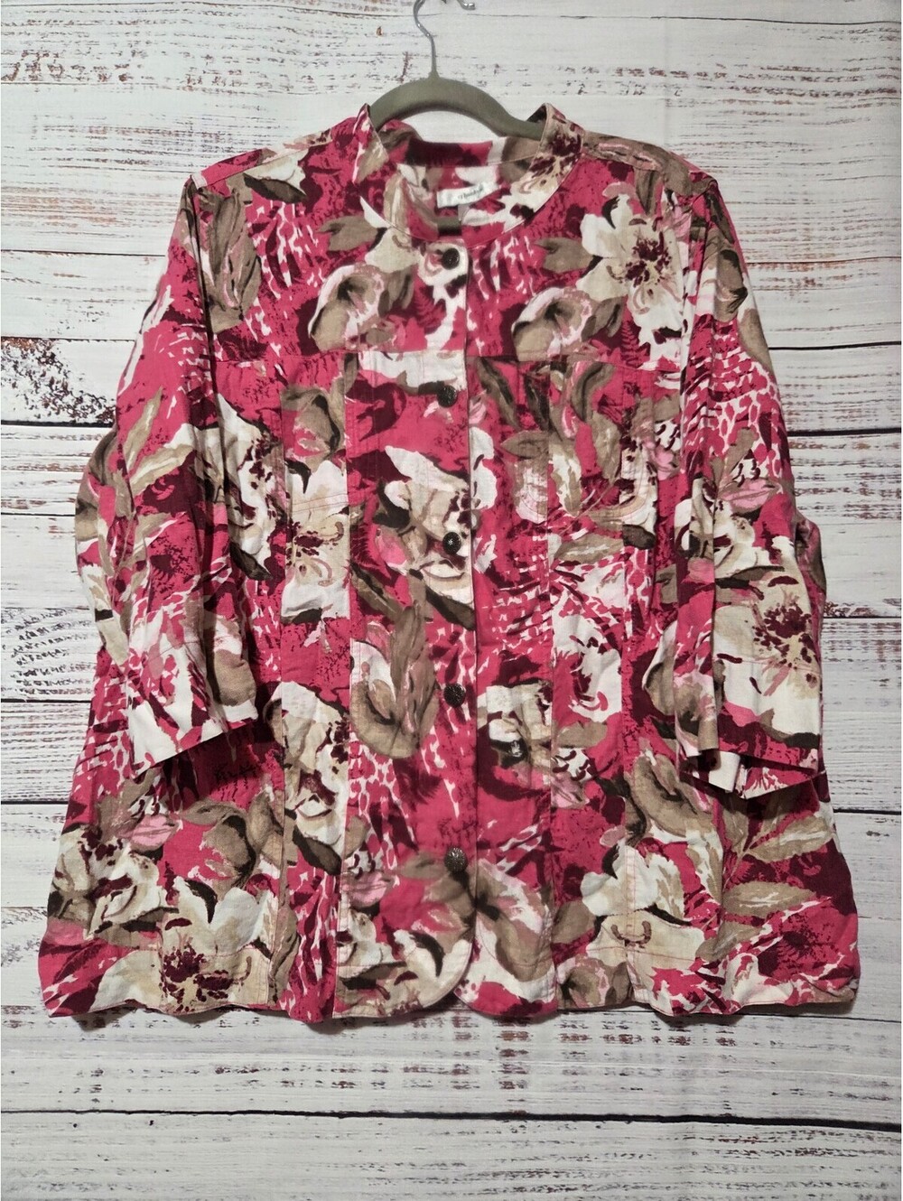cj banks 2X Pink Floral Button-Up Blouse Casual Bohemian Linen Blend